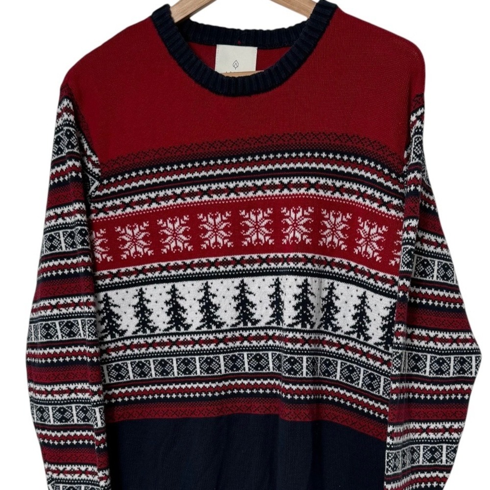 Aspen Mens Red Navy Blue Fair Isle Snowflake Pine Tree Cotton Sweater Large